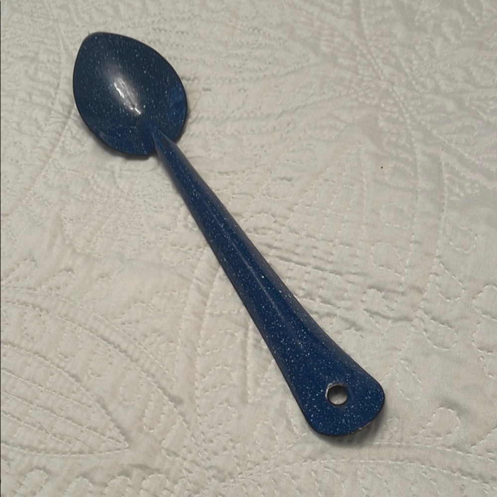 Vintage Blue Enamelware Metal Serving Spoon 12” Speckled Graniteware